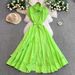 Women's Clothing French Gentle Style Blue Hollow Lace Lapel Dress For Women Summer Buttoned Waist Slim Long Skirt_ecoleips.com