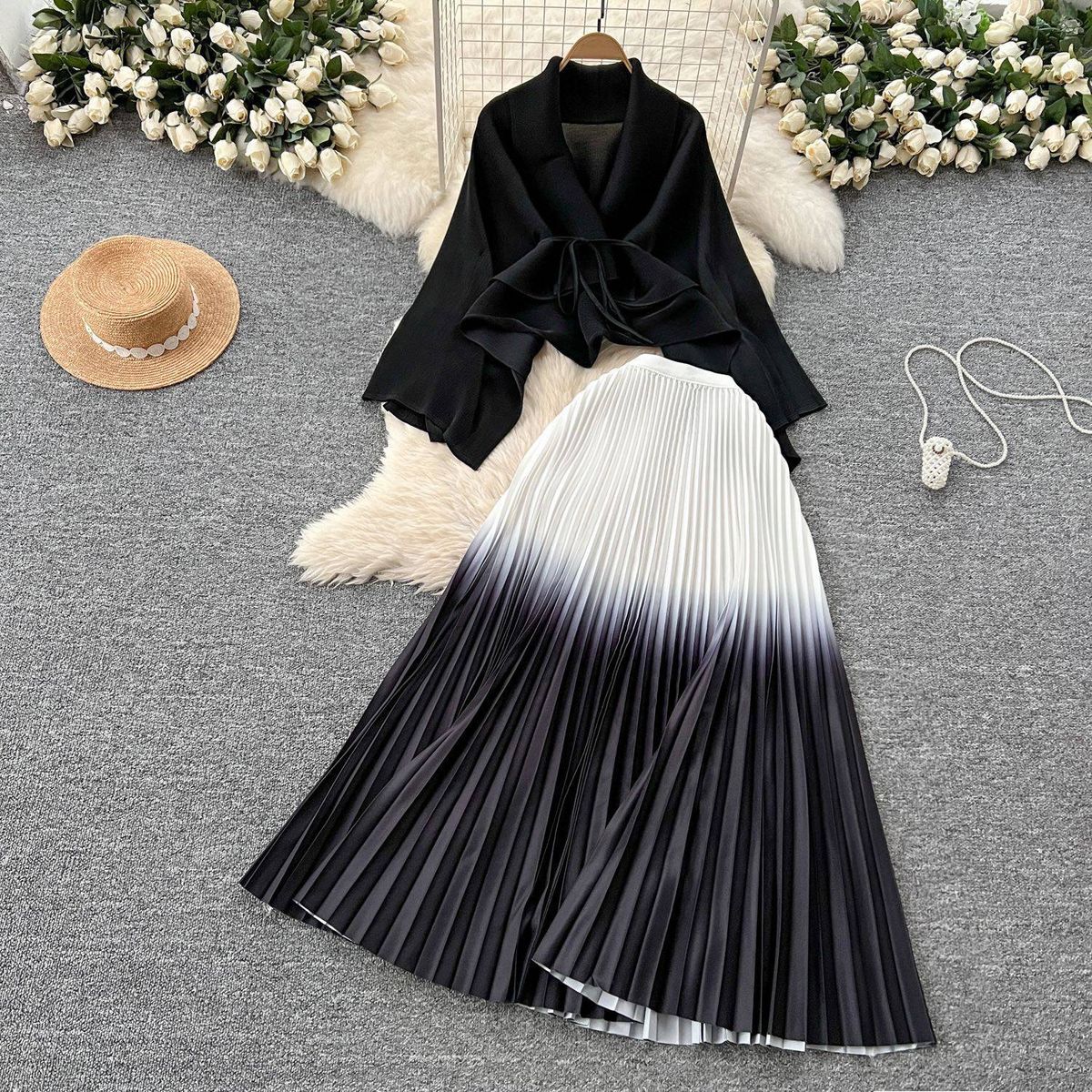 Ruffled Butterfly Sleeve Gradient Tie Cape Short Coat Top + Gradient Pleated Skirt Two-piece Suit_ecoleips.com