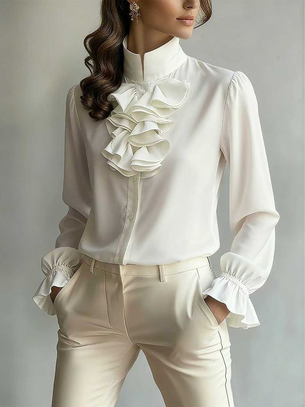 Women’s Office-Ready Blouse – Elegant Stand Collar With Ruffle Detail, Lightweight Polyester, Classic Beige (S-XXL)_ecoleips.com