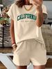 Summer New Letter Pattern T-shirt, Casual Printed Round Neck Short Sleeved Top With Elastic Waist Pocket, Women's Two-piece Set-286_ecoleips.com