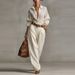 Women's Solid Color Long Sleeved Shirt With Pocket Button Decorated Two Piece Set_ecoleips.com