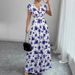 Short Sleeve Tie New Printed V-Neck Long Dress Cross-Border Summer Waist-Cinching Women's Clothing_ecoleips.com