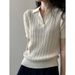 Yanshuang Cable Knit Polo Shirt Sleeve T-Shirt For Women Autumn Regular Shoulder V-Neck Slim Fit Short Top P518_ecoleips.com