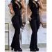 Women's Clothing Elegant V Neck Button Pockets, High Waisted Lace Up Solid Color Slim Fit Jumpsuit_ecoleips.com