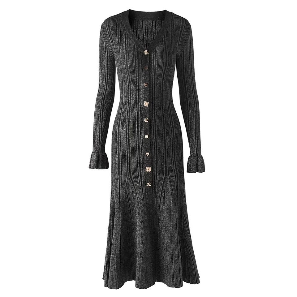 Elegant Slim Fit Long Dress For Women V Neck Long Sleeve Solid Color Metal Buckle Detail Casual Knit Dress_ecoleips.com