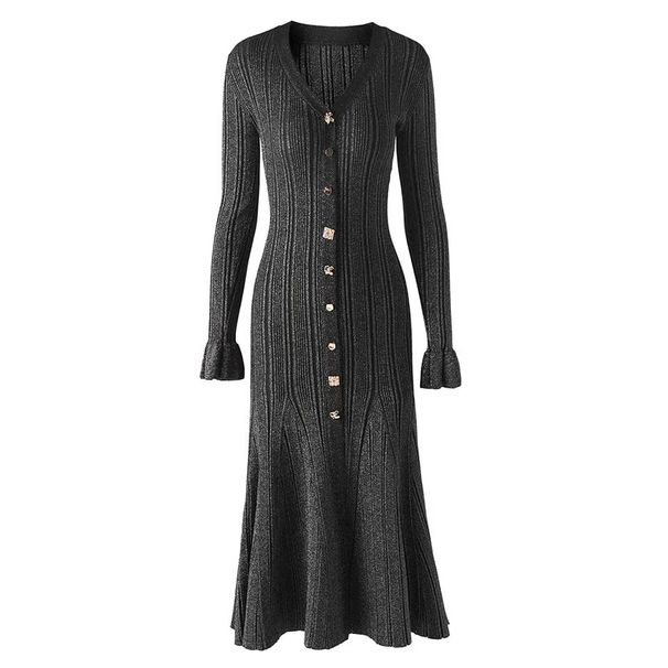 Elegant Slim Fit Long Dress For Women V Neck Long Sleeve Solid Color Metal Buckle Detail Casual Knit Dress_ecoleips.com