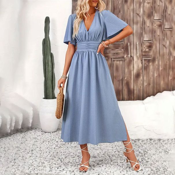 European And American Women's Dress With Lotus Leaf Sleeves And Split Elastic Waist, Solid Color Long Skirt, Summer Women's Youthful Feeling_ecoleips.com