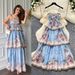 Women's French Romantic Style Blue Floral Print Sundress Summer Korean Cake Dress Slimming Vacation Long Dress_ecoleips.com