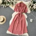 Summer Vintage Green/Blue/Red Turn-Down Collar Single Breasted Dress Casual Short Sleeve High Waist A-Line Midi Robe New Fashion_ecoleips.com