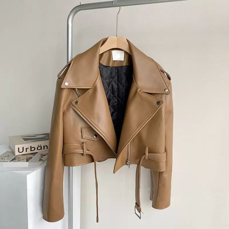 Women's Clothing Retro Leather Jacket For Women Autumn And Winter New Style Fashionable Design Belt Short Motorcycle Leather Jacket Trend_ecoleips.com
