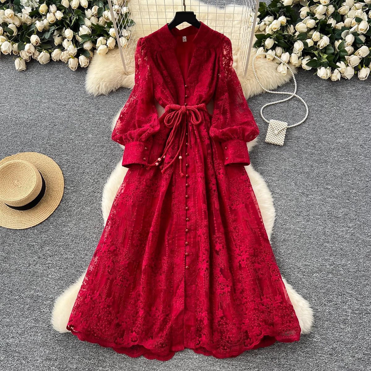 Women's Clothing Spring Waist Heavy Embroidery V Neck Lantern Sleeves Single Breasted Long Skirt_ecoleips.com