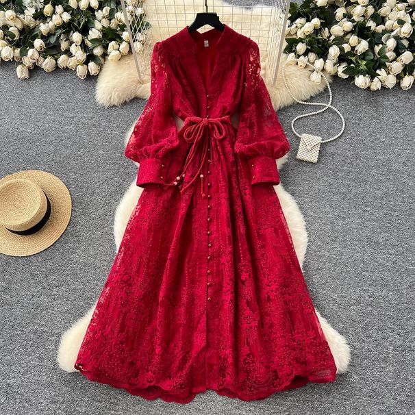 Women's Clothing Spring Waist Heavy Embroidery V Neck Lantern Sleeves Single Breasted Long Skirt_ecoleips.com