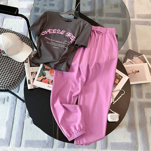 Women's Clothing Summer New Style Styrofoam Printed Slim Fit Tight T Shirt Embroidery Fashion Casual Sports Suit_ecoleips.com