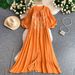 Women's Relaxed Elegant Tie Neck Lantern Sleeve Dress Summer Loose Fit Flattering Slimming Retro Embroidered Long Dress_ecoleips.com