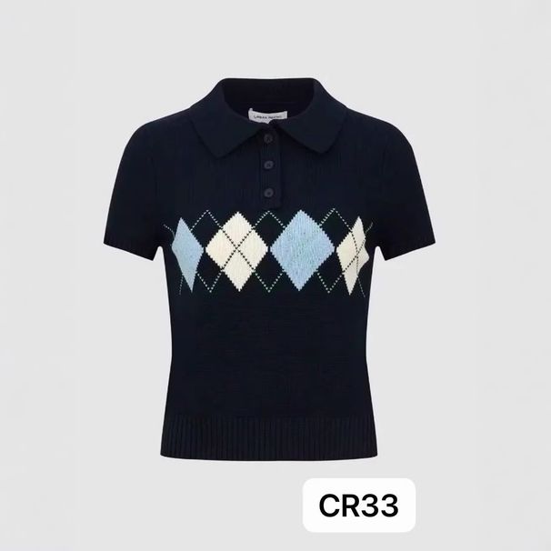 Women's Clothing French Casual Preppy Style Diamond Pattern Short Sleeved Knit Top Fashionable Summer Knitwear_ecoleips.com