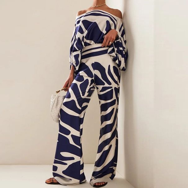 2025 Spring New Women's Printed Round Neck Loose Batwing Sleeve Waist-Cinching Wide-Leg Pants Fashion Set_ecoleips.com