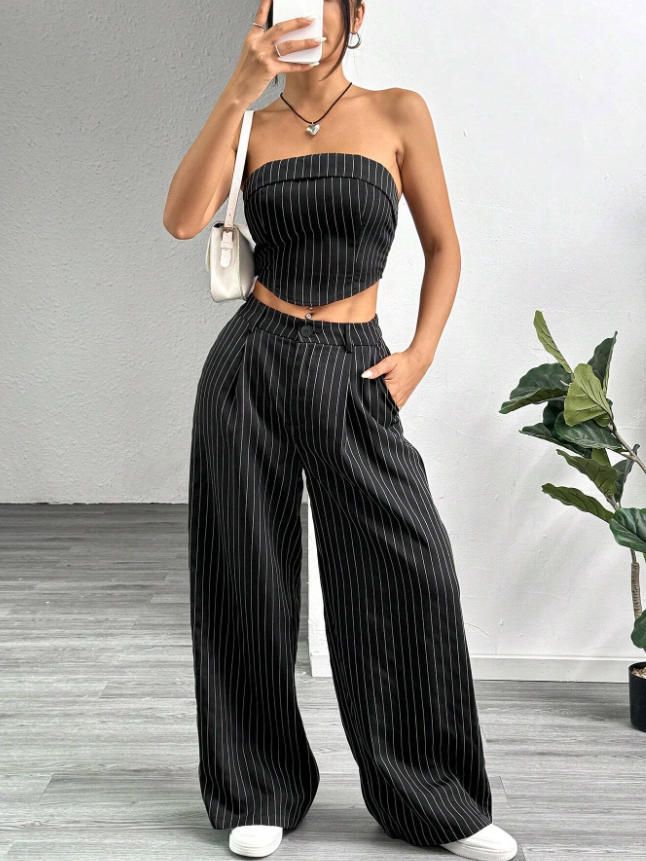 Shein Women's Fashion Slimming Pants Set Strapless Top And Loose Fitting Suit_ecoleips.com