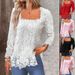 Elegant Long Sleeve Lace T-Shirt For Women - U Neck & Square Neck Blouse With Floral Embroidery Detail, Comfortable Stretch Fabric_ecoleips.com