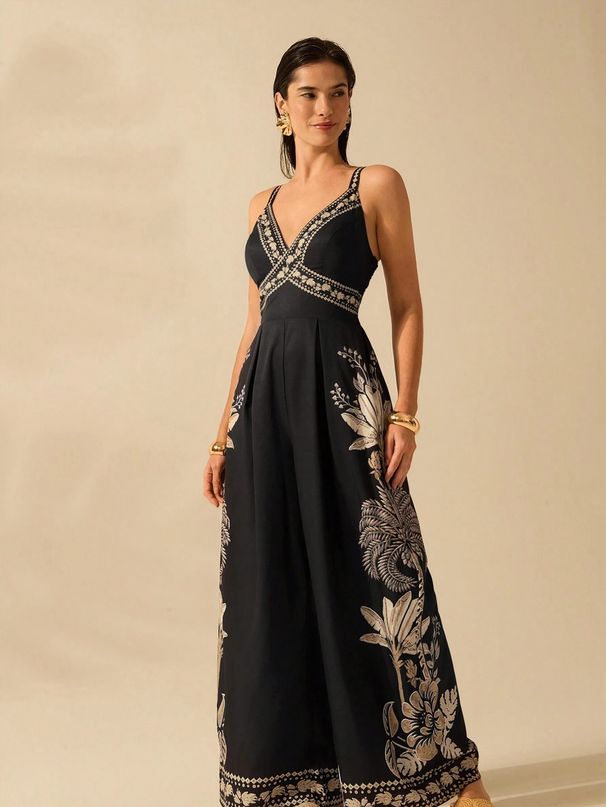 Elegant Women's Sleeveless Jumpsuit V-Neck Wide Leg Romper Deep Plunge Neckline Casual Comfortable plus Size_ecoleips.com