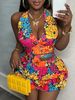 Daisy Print Halter Neck Deep V Two Piece Swimsuit European American Style Vest Pleated Skirt Set_ecoleips.com