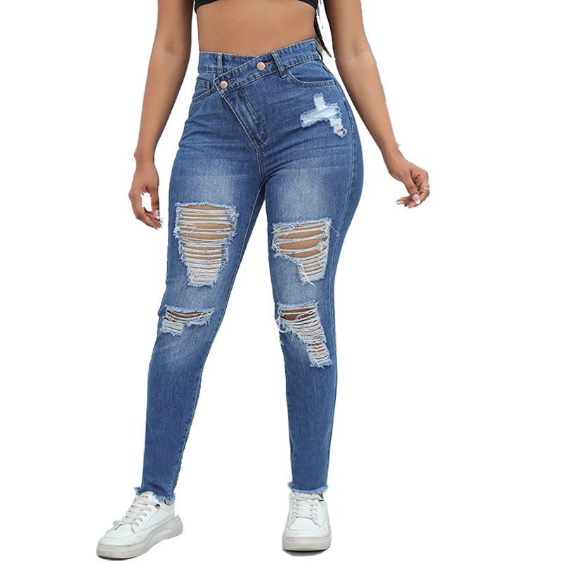 Women's Clothing Denim Autumn High End Large Size Ripped High Waist Slim Niche Washed Women's Jeans_ecoleips.com