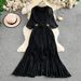 Women's Elegant 3D Floral Pleated Dress - Slim Fit Mid-Sleeve With Waist-Defining Design, Flowy Over-the-Knee Skirt For Summer_ecoleips.com
