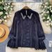 French-Inspired Luxury Blouse – Embellished Lace & Mesh Long Sleeve Top With Notched Collar (Oversized Fit, Beige/White/Black)_ecoleips.com