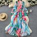 Elegant Floral Print V-Neck A-Line Maxi Dress With Flowy Hem & Waist Tie For Women - Boho Chic Vacation Style_ecoleips.com