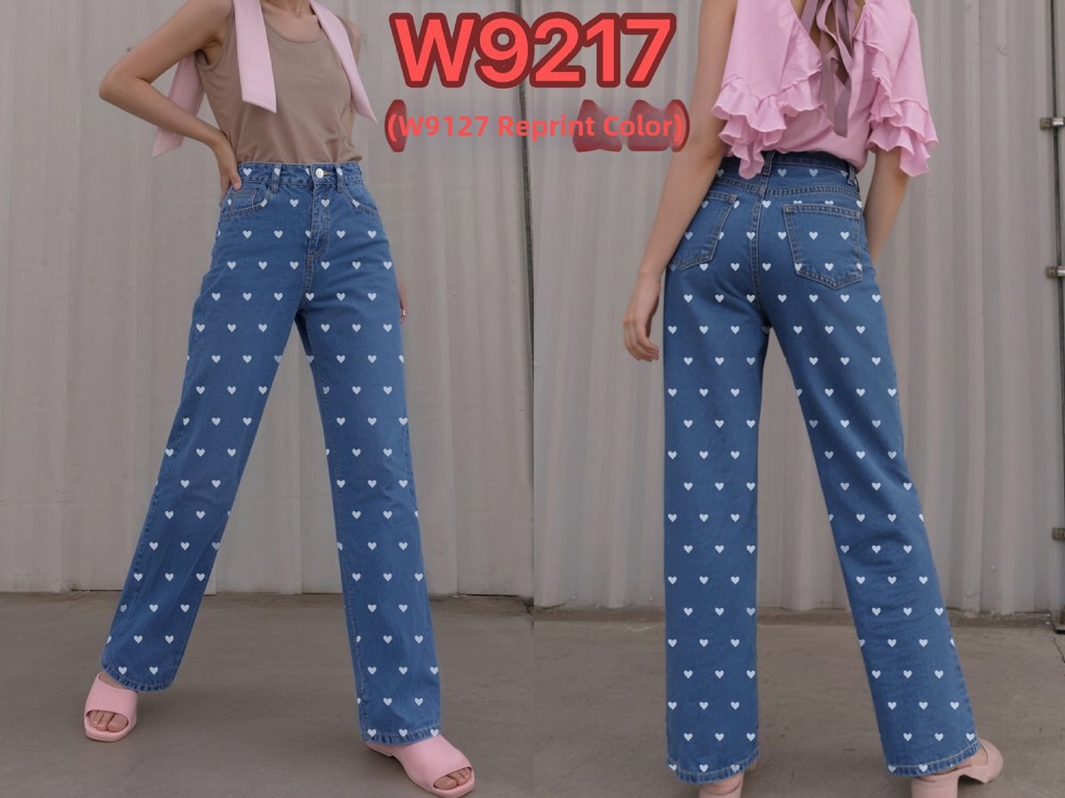 Women's Clothing Pink Heart Patterned Wide Leg Jeans Slim Fit European American Style_ecoleips.com