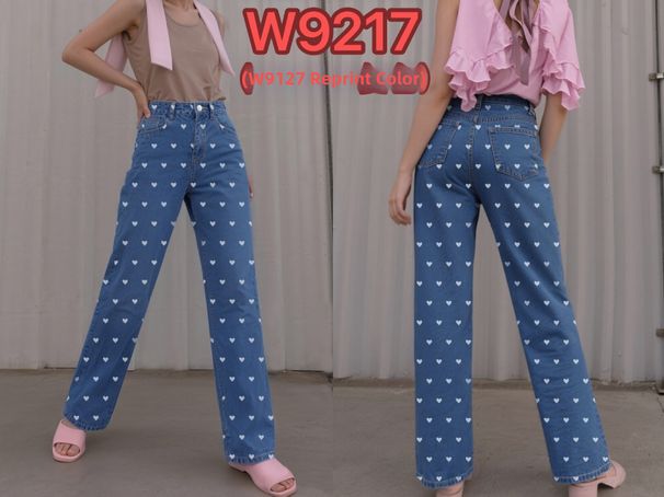 Women's Clothing Pink Heart Patterned Wide Leg Jeans Slim Fit European American Style_ecoleips.com