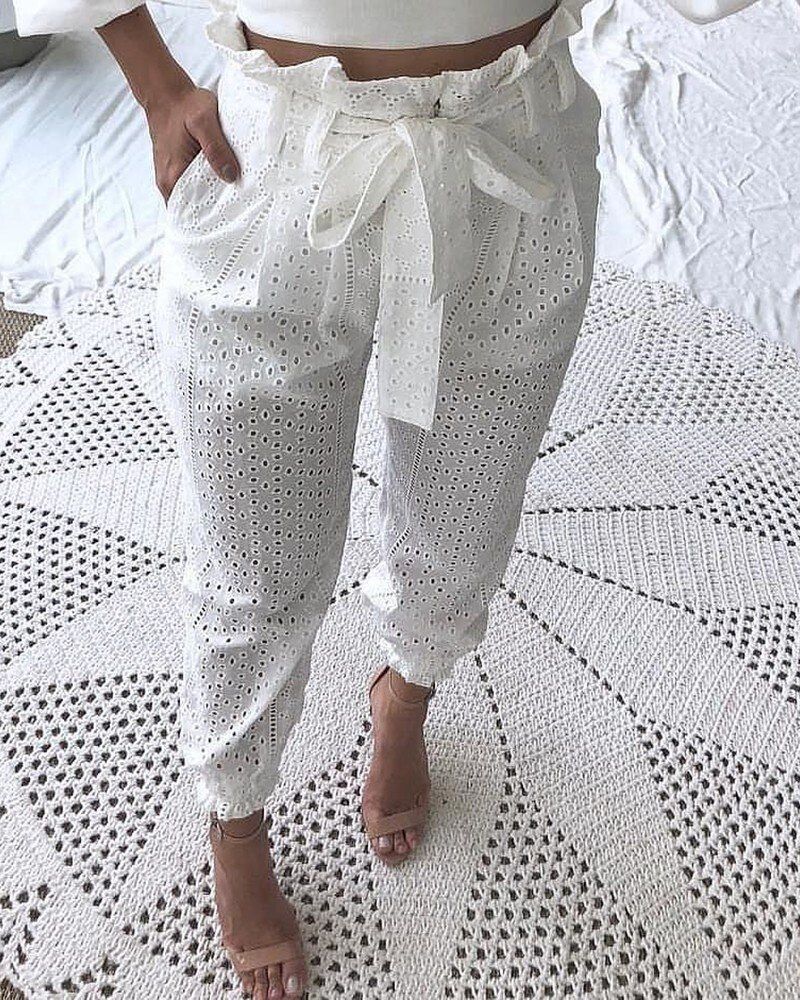 Women's Clothing Cotton Embroidery Lotus Waist Hole Tapered Trousers With Lining_ecoleips.com