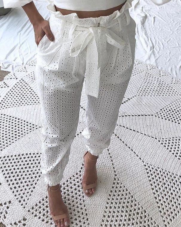 Women's Clothing Cotton Embroidery Lotus Waist Hole Tapered Trousers With Lining_ecoleips.com