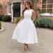 Women's Clothing Round Neck Cinching Full Skirt Elegant Summer Backless Maxi Dress With Round Neck, Wrap Waist & Flowy A-Line Skirt - White, Blue_ecoleips.com