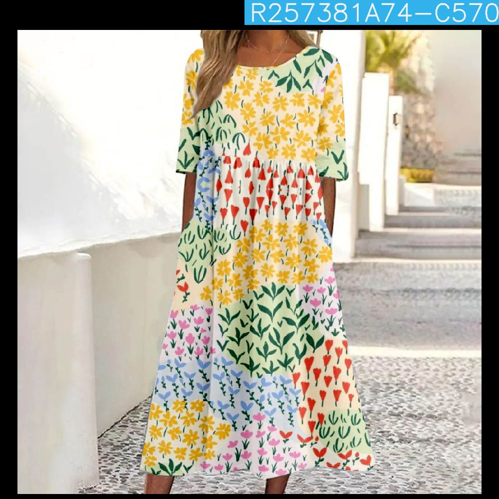 Women's Mid-Waist Summer Casual Round Neck Printed Flared Dress_ecoleips.com