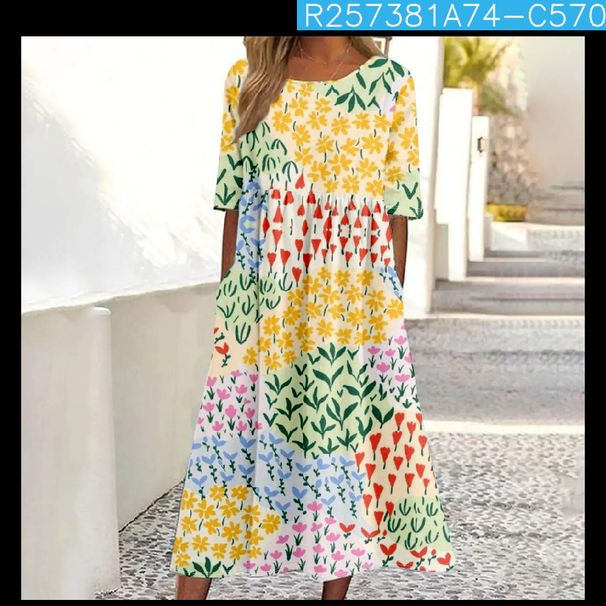 Women's Mid-Waist Summer Casual Round Neck Printed Flared Dress_ecoleips.com