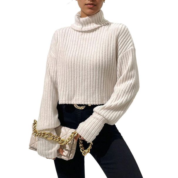 Voya Women's Spring/Summer New Solid Color Thread Knitted Hoodie Short Style High Collar Bottom Top_ecoleips.com