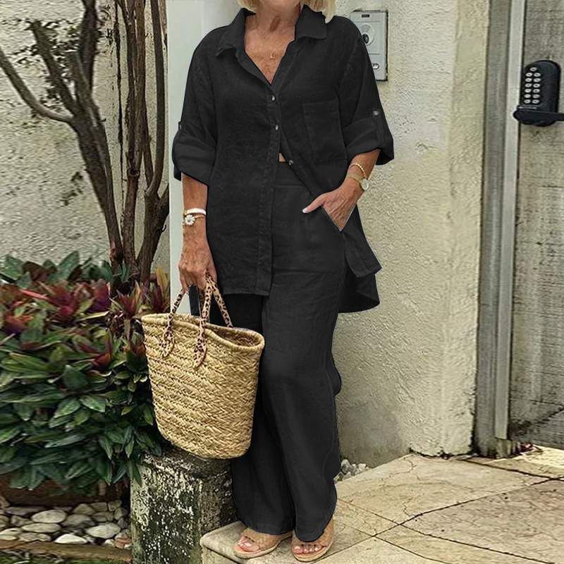 Women's Lapel Long Sleeved Cardigan And Pants Set Spring Summer Two-Piece Outfit Top Bottom Fashion_ecoleips.com