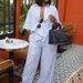 K Women's New Casual Collar Three Quarter Sleeve Striped Shirt High Waisted Pants Two-piece Set_ecoleips.com