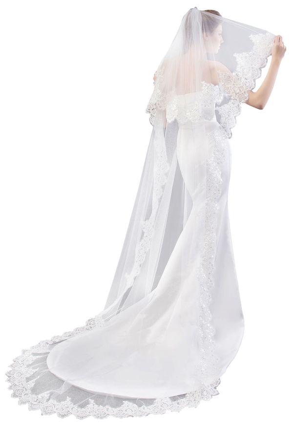 Women's Clothing Trailing Wedding Dress Bridal Veil White Lace Sequins Lace Metal Hair Comb Two Layers Of Bridal Veil_ecoleips.com