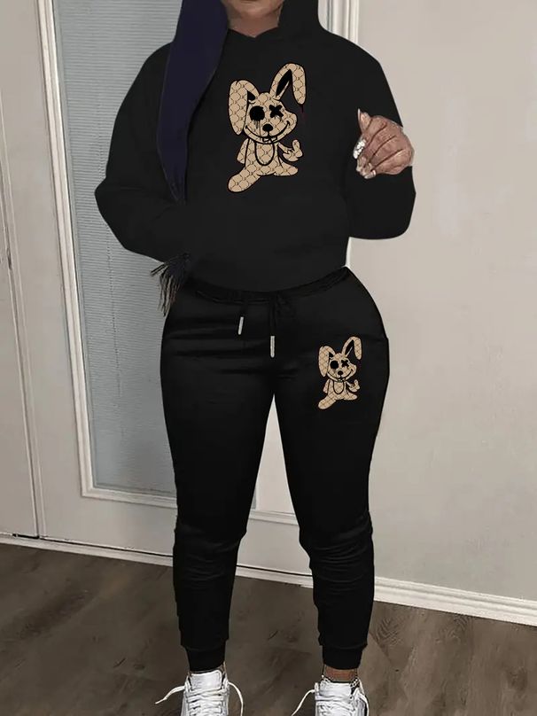 Women's Autumn And Winter Casual Fashion Cartoon Rabbit Print Thick Fleece Warm Hooded Sweatshirt+sports Pants Set-717_ecoleips.com