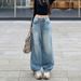 Women's Light Blue Rhinestone Jeans Spring New Arrival Heavy Duty Loose Fit Straight Leg Wide Leg Casual Fashion Office Lady Pants_ecoleips.com