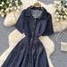 Retro Denim Style Collared Short Sleeved A-Line Dress Women's Slimming Elegant Korean Style for Early Spring Commuting_ecoleips.com