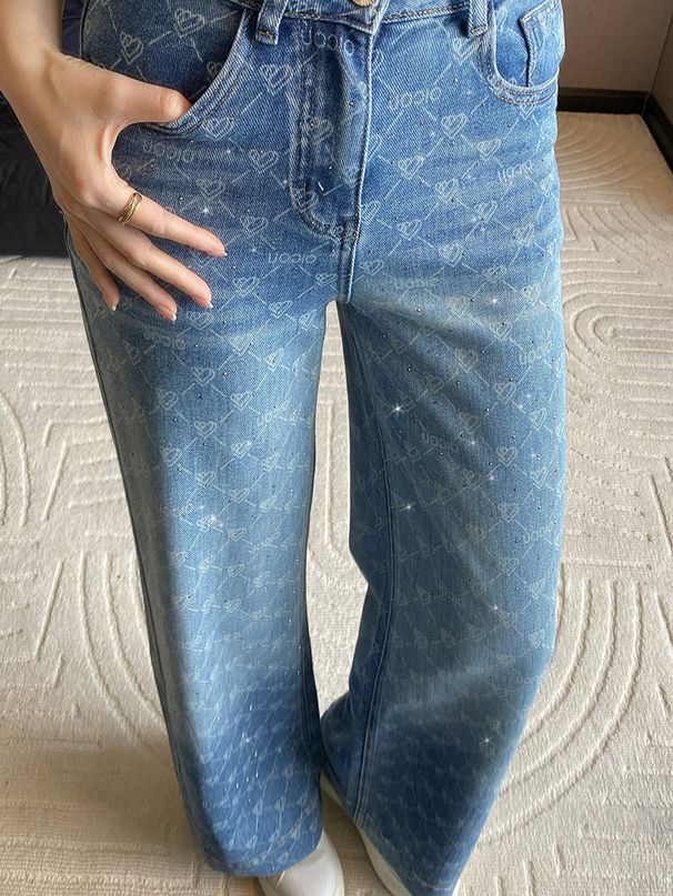 Retro Rhinestone & Jacquard Diamond Pattern Jeans For Women | Flared Wide-Leg Trousers With Soft Drape | Vintage Style Comfort Pants_ecoleips.com
