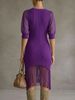 Breathable V Neck Chiffon Puff Sleeve Fringe Hem Loose Rib Knit Dress_ecoleips.com