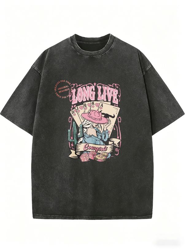 Long Live Cowgirls Western Poker Cactus Graphic Acid Wash Washed Oversized T Shirt Women Crew Neck Short Sleeve Loose Vintage Country Casual Tee_ecoleips.com