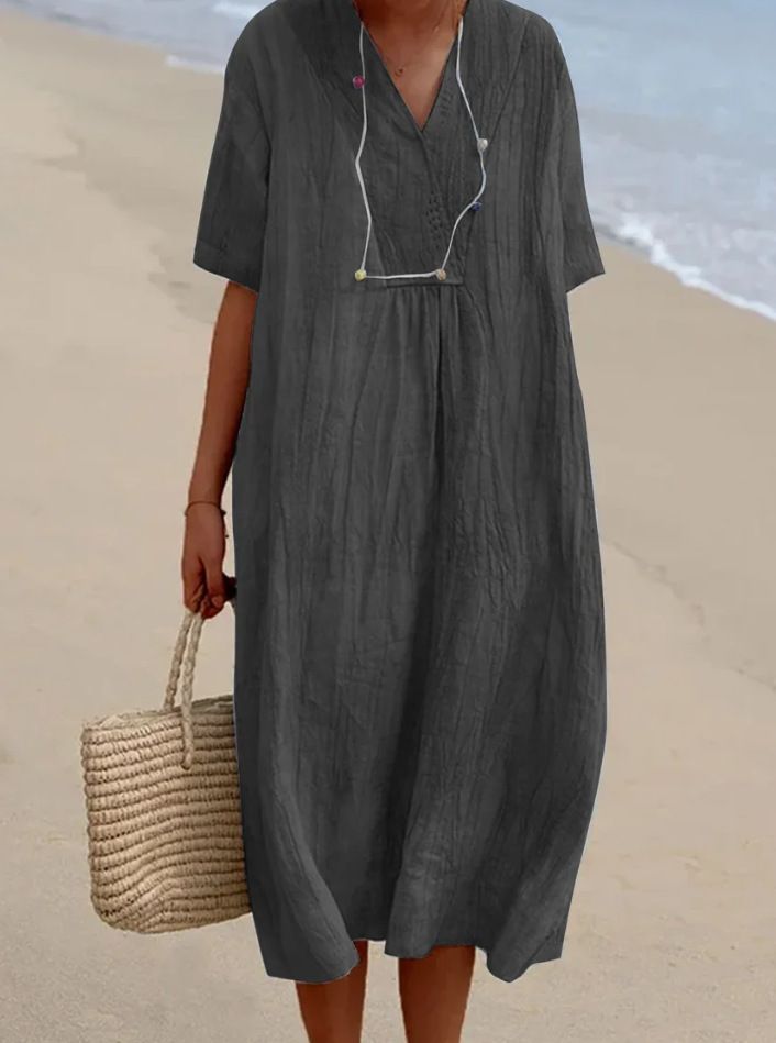 Spring Summer New Women's Casual Dress Slimming Versatile Hot Selling Solid Color Cotton Linen_ecoleips.com