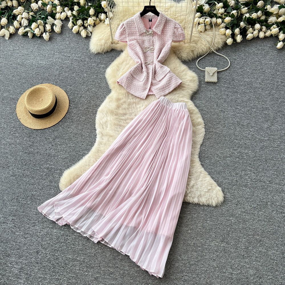 Women's French Style Summer Elegant Two Piece Set Gentle Sweet Collared Vest Pleated Skirt Fashionable Sophisticated Feel_ecoleips.com