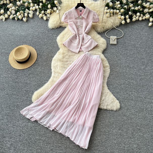 Women's French Style Summer Elegant Two Piece Set Gentle Sweet Collared Vest Pleated Skirt Fashionable Sophisticated Feel_ecoleips.com
