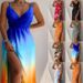 Women's Clothing Summer New Suspender V Neck Slit Print Commuter Dress_ecoleips.com