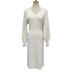 Women's Clothing Elegant Hollow-Out Crochet Knit Dress With V-Neck & Lantern Sleeves For Women, High Waist Bodycon Midi Dress In Apricot (One Size)_ecoleips.com